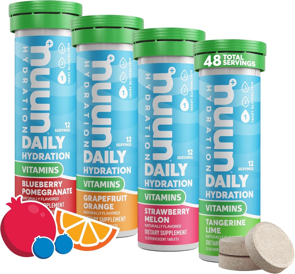 Nuun Vitaminas Electrolito Tabletas con Vitamina D, C, E, A, " B6, ácido fólico, Magnesio " Otros electrolitos esenciales, Gluten Free " Vegan, Fruta mezclada, 4 Pack (48 Servings Total)