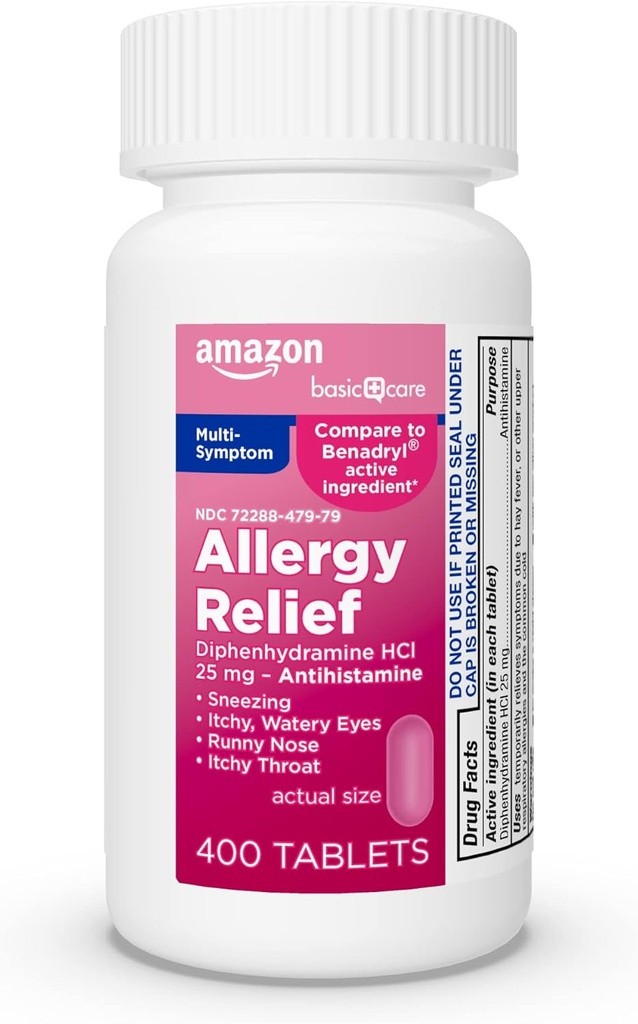 Cuidado básico Alivio de la alergia completa, Diphenhydramine HCl 25 mg, Alivia síntomas, tabletas de antihistamínico, 400 cuenta