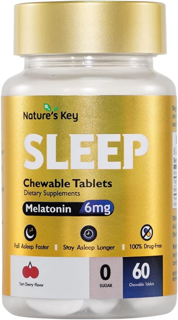 Melatonina clave de la naturaleza 6mg Tablas picables, Azúcar libre ← Promueve descanso &amp; sueño más rápido ← No-Habit Forming, con 6mg Vitamina B6 ← 60 Tabletas (Yummy Tart Cherry Flavor)