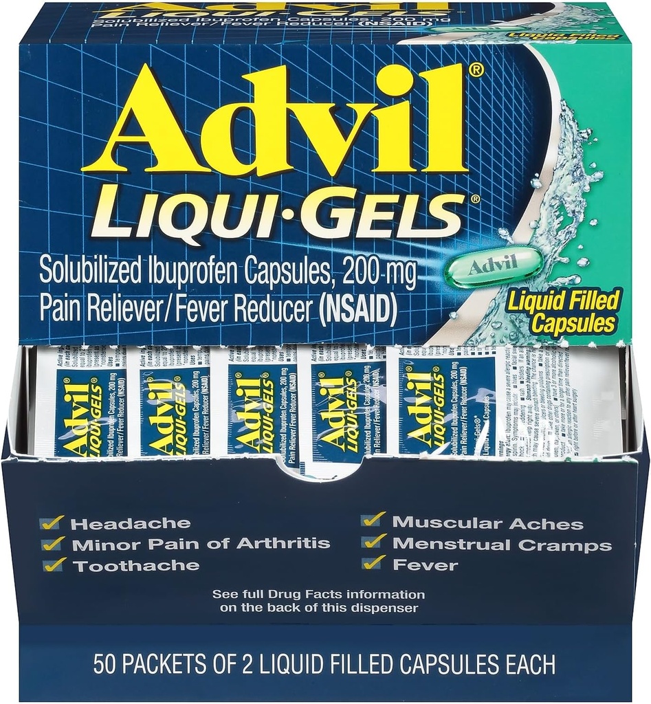 Alimentador de Dolor Advil Liqui-Gels/Reductor de Fever, Ibuprofeno Solubilizado 200mg, 2/Paquete, 50 Packets/Box (016902)