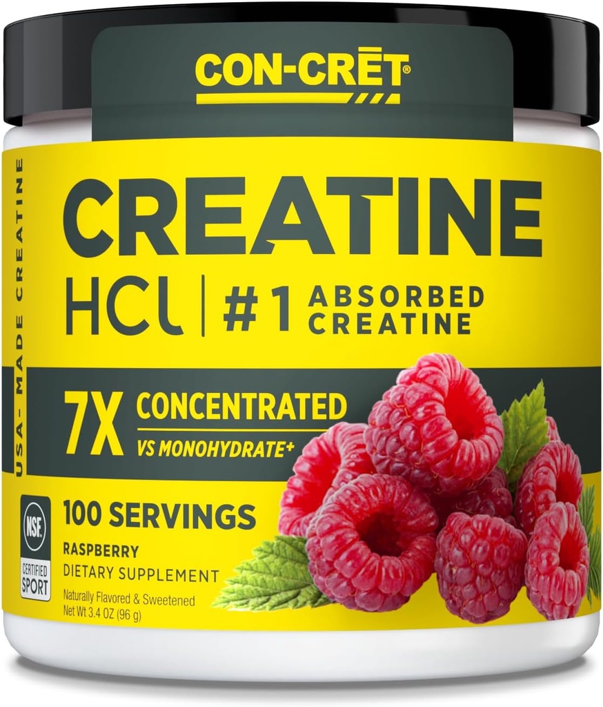 CON-CRET Creatine HCl Powder ← Muscle, Cognitive, Cellular Energy Support Silencio No Bloating or Cramps ¦ USA Made & NSF Certified ← Raspberry (100 Serving)