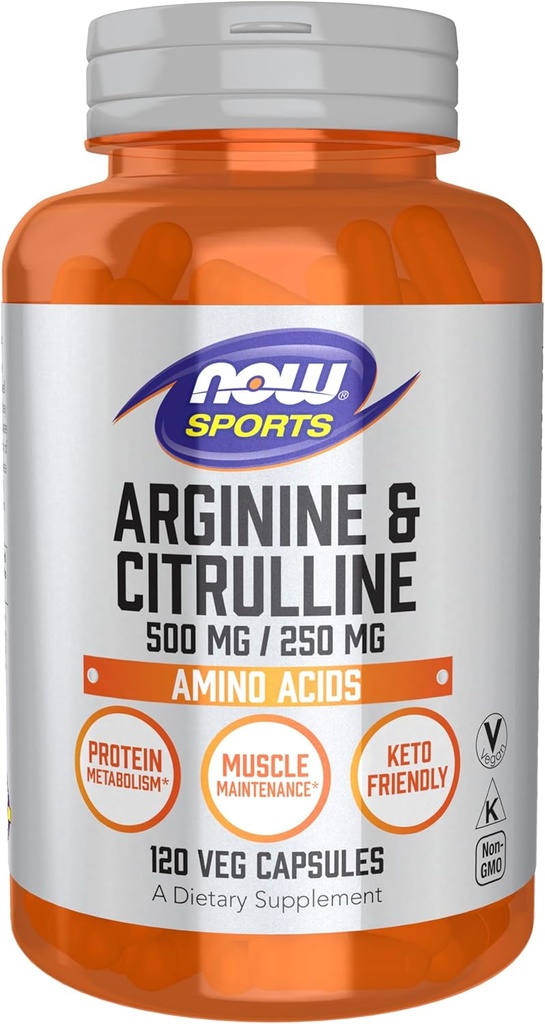 AHORA Nutrición Deportiva, Arginina & Citrullina 500 mg/ 250 mg, Aminoácidos, 120 cápsulas de verduras
