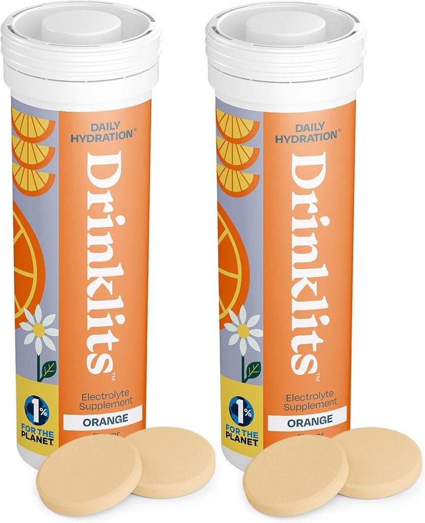 Drinklits Orange Daily Hydration Tablets (2) Tube Bundle | Essential Electrolytes – 0g Sugar – Replenishing Hydration Drink | 20 Servings - 10 Tablets Per Tube