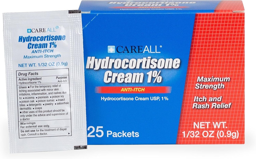 CareAll Hydrocortisone Cream 1% (25 Pack), 0.9gr Foil Packet. Fórmula de fuerza máxima, Crema de piel de sarpullido anti Itch Alivia la picazón, el eczema, los insectos, el veneno y la psoriasis