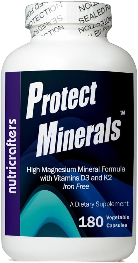 Protege Minerales - Fórmula Mineral Multi – Un Botella de 180 Capsules Vegetarianos - Magnesio Alto a Calcio Ratio - Hierro Libre - Energía Natural Todo el Día y Regeneración de la Noche. (1)