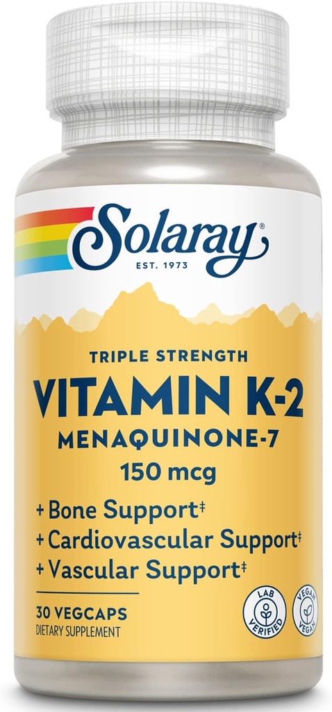 SOLARAY Triple Strength Vitamin K-2 como MK-7, 150 mcg  durable Heart &amp; Bone Health, Vascular Function Support ← 30ct