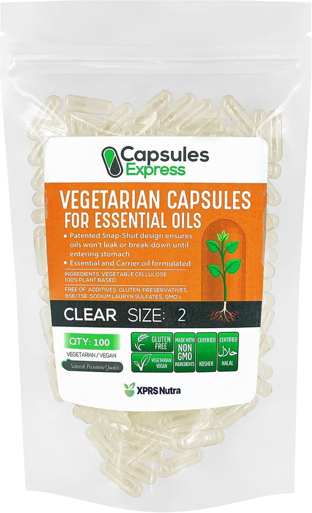 XPRS Nutra Size 2 Empty Vegan Capsules - 100 Conteo de cápsulas de verduras claras para aceites esenciales - Píldoras vegetales vacías para aceites esenciales - relleno de bricolaje