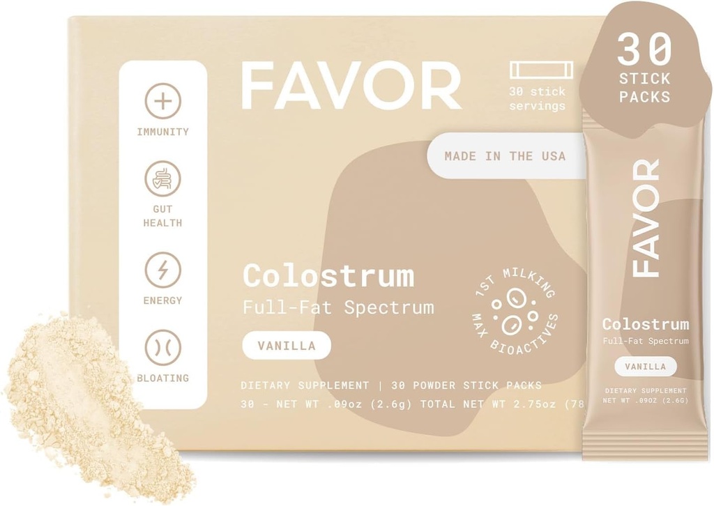 FAVOR Bovine Colostrum Stick Packs ← Liposomal Y Todo TENIDO Holistic Human Health ← Conveniente Para Viajar Silencio Primera Milking Silencio Naturalmente High IgG Powder ← Ethically Made In The USA ← Easy To Mix [Vanilla]