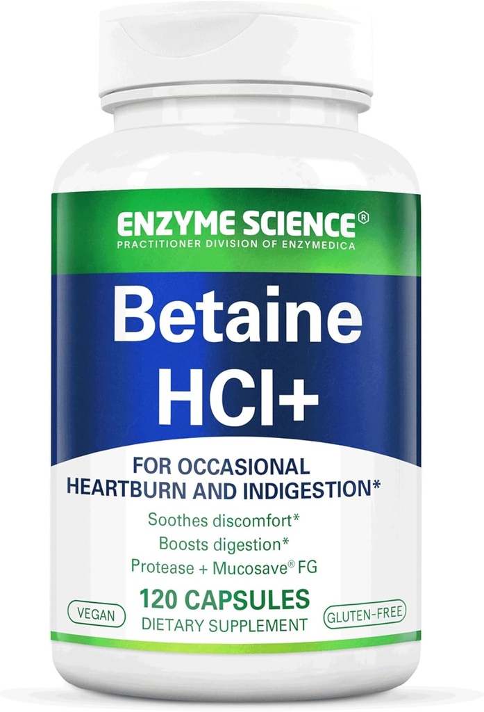 Enzyme Science Betaine HCl con Pepsin - Suplemento de ácido bajo estomacha - Suplemento hidrocloruro de betaina - Enzimas digestivas - 120 cápsulas