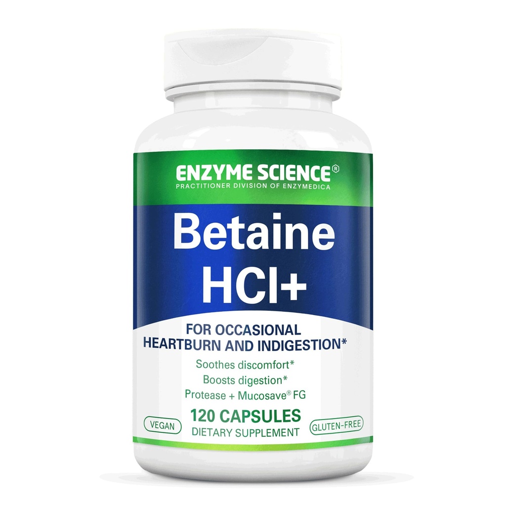 Enzyme Science Betaine HCl with Pepsin - Supplement for Low Stomach Acid - Betaine Hydrochloride Supplement - Digestive Enzymes - Enzimas Digestivas - 120 Capsules