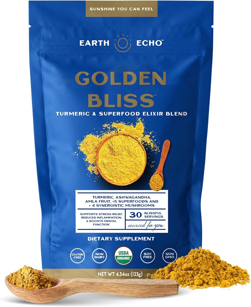 Earth Echo Golden Bliss, Turmeric orgánica Superfood Elixir Blend con Ashwagandha Root, MCT Oil y 4 Mushroom Blend para el sueño reparador, Immune Support and Reduce Craving, Dairy-Free, 30 Servings