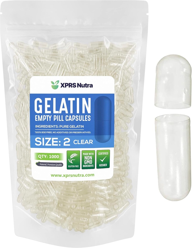 XPRS Nutra Size 2 Empty Capsules - 1000 Conde Clear Empty Gelatin Capsules - Pills DIY Capsule Filling - Pure Bovine Pill Gel Caps for Do-It-youself Supplements