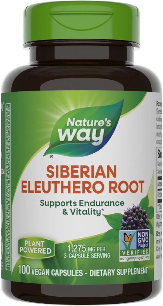 Natural Way Premium Herbal Siberian Eleuthero Root Suplemento, apoya la resistencia " Vitality*, Adaptogen*, 1.275 mg por 3-Capsule Serving, Non-GMO Project Verified, 100 cápsulas (Packaging May Vary)