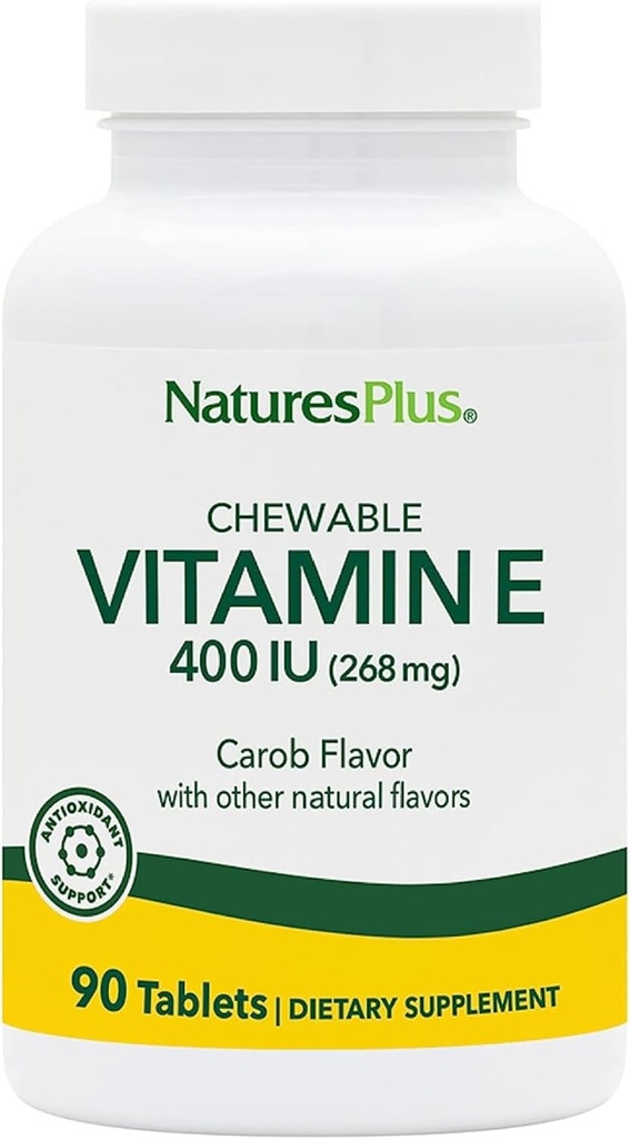 NaturesPlus Vitamina E, Natural Carob Flavor - 90 Chewable Tablets, Pack of 2 - Free-Radical Defense &amp; General Well-Being - Vegetarian, Gluten Gratis - 180 Total Servings