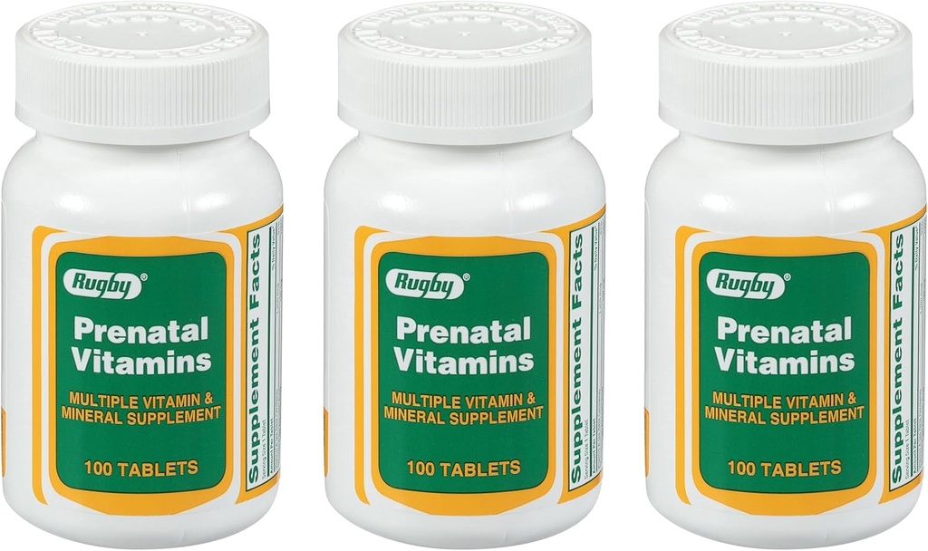 Vitaminas prenatales de Rugby - Múltiples vitaminas y suplementos minerales - 100 tabletas (3 Pack)