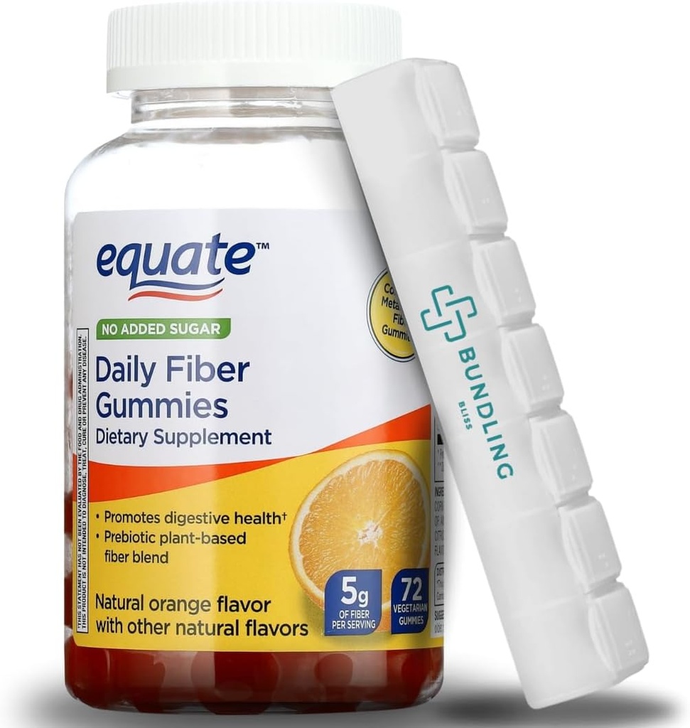 Equate Daily Fiber Gummies Suplemento dietético, 5g, Planta Basada, 72 Conde, 7 Day Pill Organizer Incluido - 1 Pack