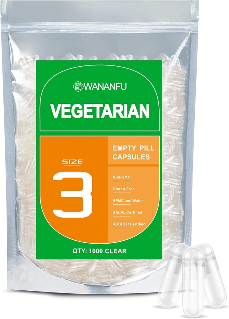 wananfu Tamaño 3 Empty Capsules Vegetariano (1000 Conde), Clear Fillable Veggie Pill Capsules Tamaño 3 para hacer sus propios suplementos