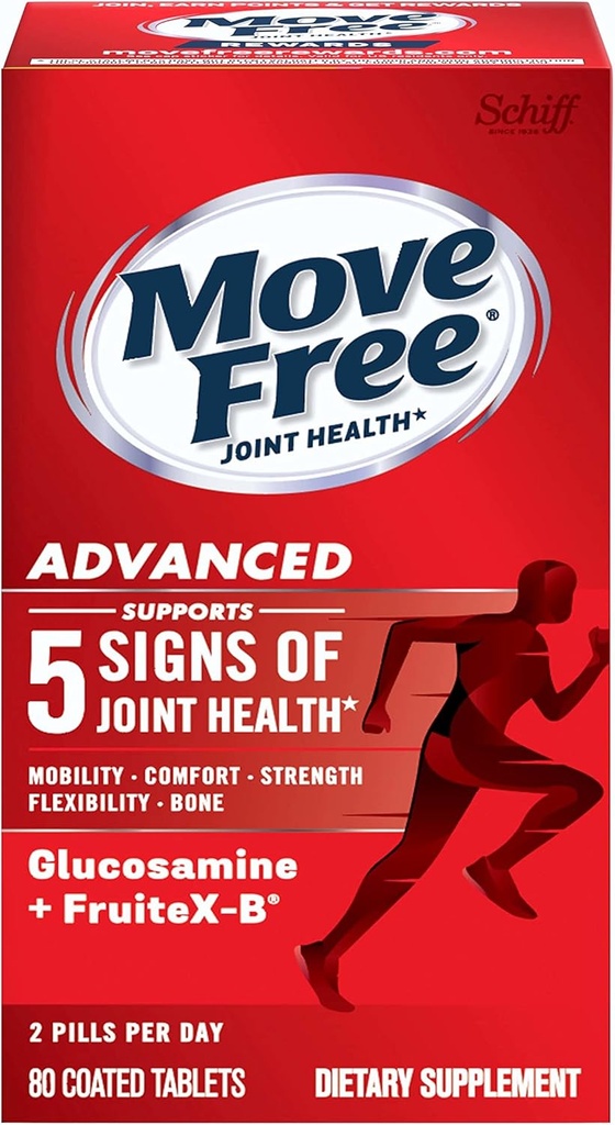 Move Free Advanced Glucosamine Chondroitin + Calcium Fructoborate Joint Support Supplement, Supports Mobility Comfort Strength Flexibility & Bone - 80 Tablets (40 porciones)*