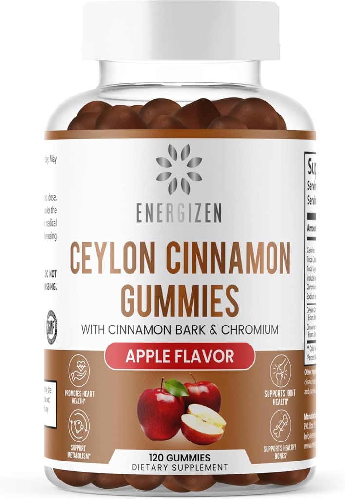 Cinnamon + Gummies de cromo - 120 Gummies Vegan - Pain Conjunto &amp; Asistencia para la salud cerebral, Libre de azúcar, Antioxidante Rich, Non-GMO, Suplemento libre de gluten, Natural Apple Flavor