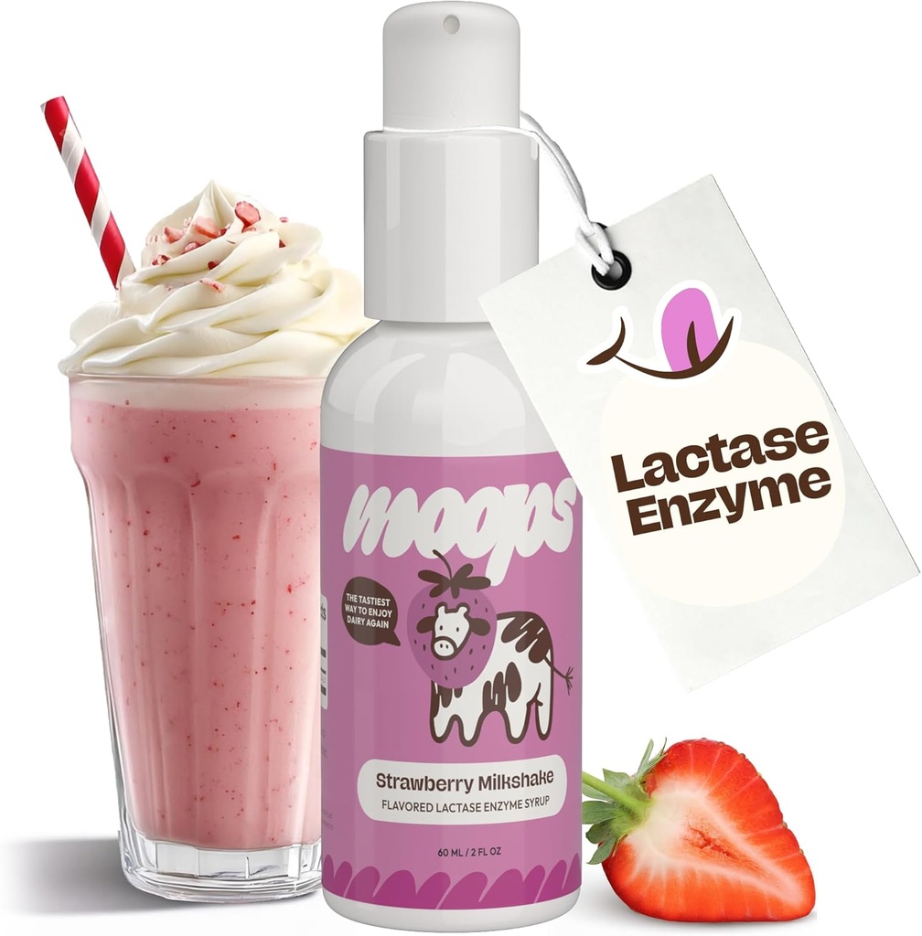 Moops Liquid Lactase Enzyme Syrup 2oz – Delicious Strawberry Milkshake Flavor – 10,000 unidades FCC para el alivio rápido de la ordeña – Dosis personalizable para la intolerancia a la lactosa – Bomba Twist-to-Lock portátil