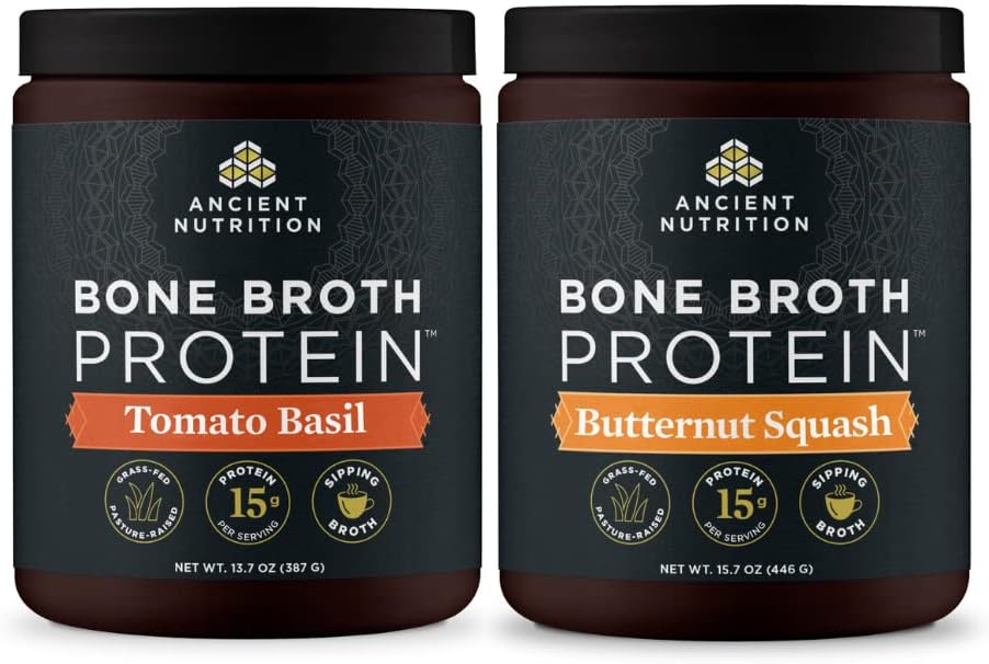 Antigua Nutrición Bono Broto Proteína Polvo, Tomato Basil, 15 Servimientos + Bono Broth Protein Polvo, Escuadrón de mantequilla, 15 Servimientos