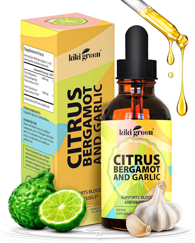 KIKI Green Liquid Citrus Bergamot &amp; Ajo Extracto - Citrus Bergamot Suplemento para la salud del corazón, Immune System Support and Healthy Aging Non-GMO, Gluten-Free Suplemento 2 Fl Oz.