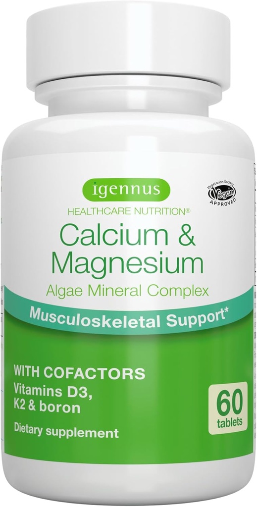 Igennus Algae Calcium &amp; Magnesium Supplement, Plant Based, High Absorption, K2 " D3, Non-GMO Red Algae Mineral Complex for Bone " Teeth Support, for Women and Men, with Boron, Vegan, 60 Tablets