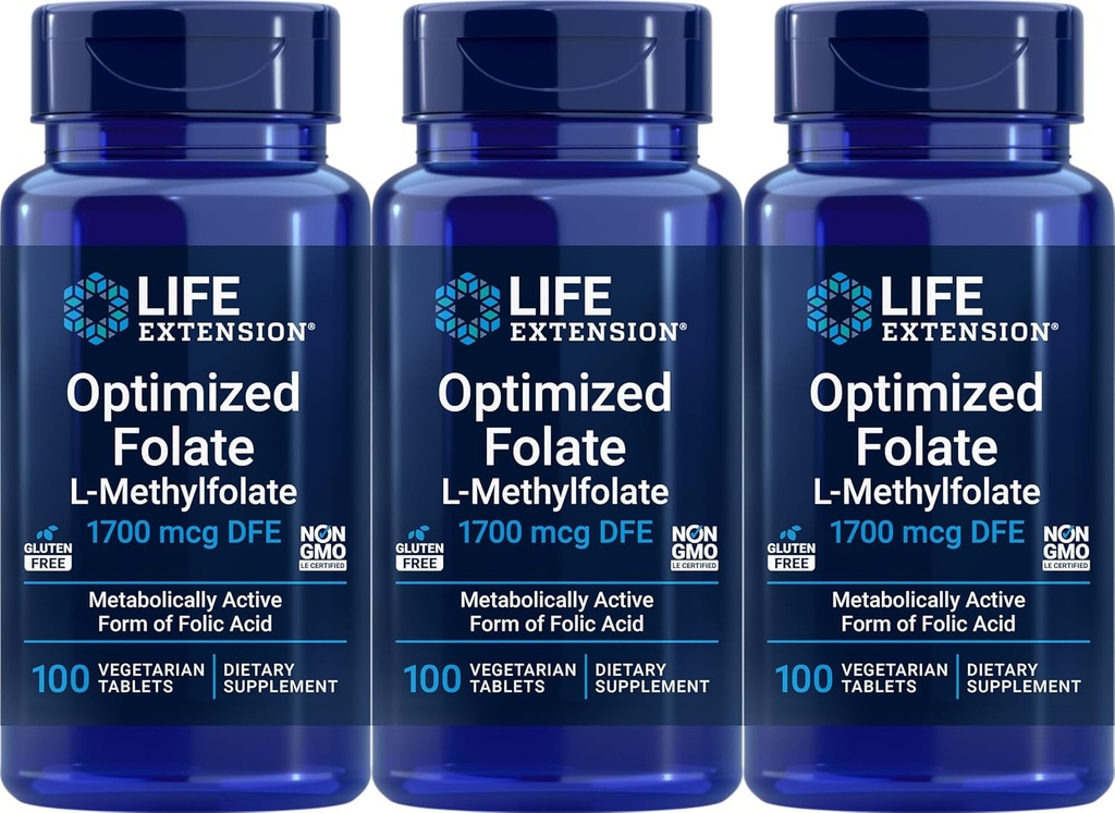 Ampliación de vida Folate optimizado 1700 mcg DFE, 100 Tablets vegetarianos (Pack of 3)