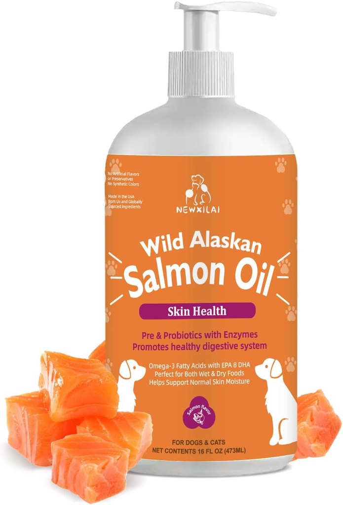 Salvaje Aceite de Salmón de Alaska para perros &amp; gatos, Omega-3 suplemento de aceite de pescado con EPA &amp; DHA, Salud de la piel de apoyo, carne de resplandor, fuerte conjunto " Alivio de la alergia - Botella de bomba 16oz