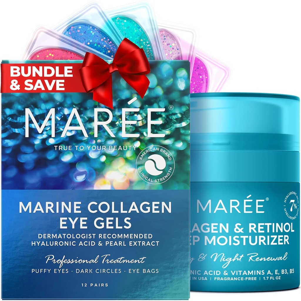 MAREE Eye Gels &amp; Collagen Moisturizer Face Cream Bundle - Bajo Ojo Gels for Puffy Eyes and Dark Circles, Anti Aging Face Cream with Hydrating Effect - Marine Collagen &amp; Hyaluronic Acid, Retinol