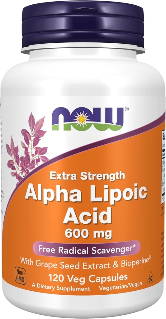AHORA Suplementos de alimentos, ácido lipoico alfa 600 mg con extracto de semillas de uva " Bioperine®, fuerza extra, 120 cápsulas de veg