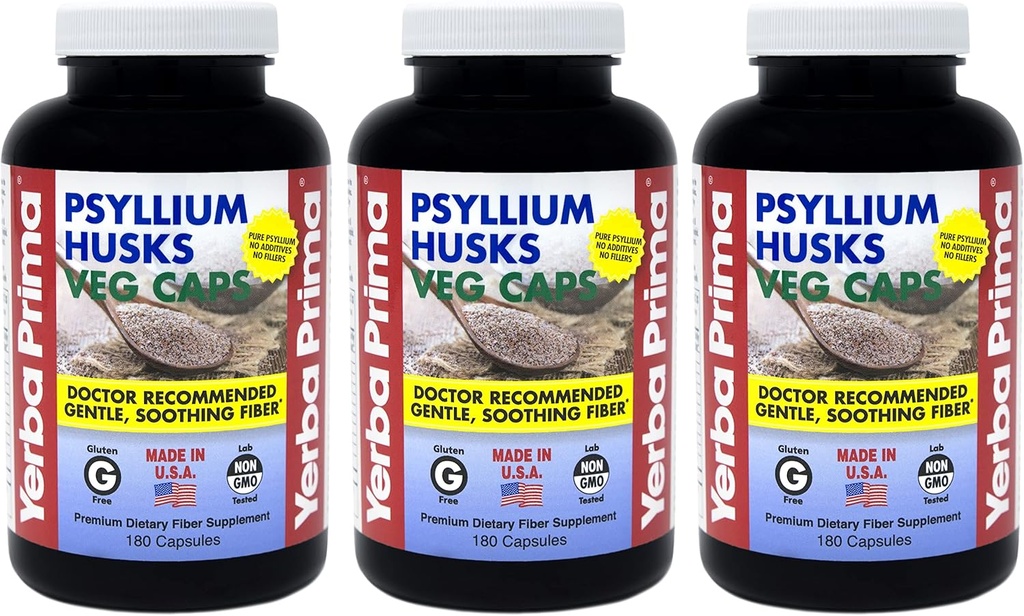 Yerba Prima Psyllium Husks Veg Caps - 180 Conde (Pack of 3) - Vegan, No GMO, Gluten Free, Colon Cleanser, Daily Fiber Supplement for Gut Health & Regularity
