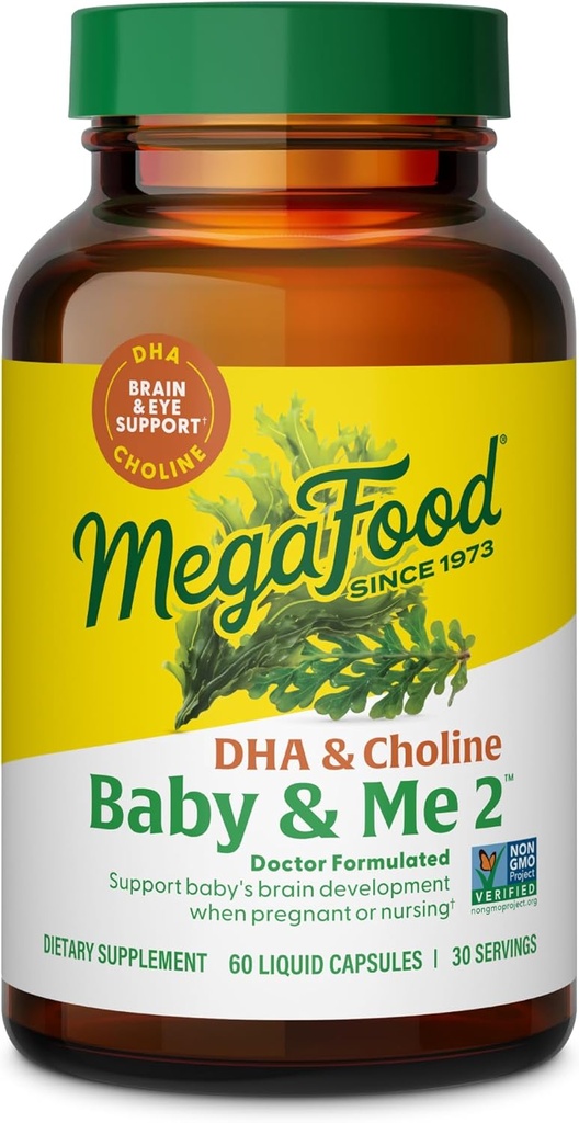 MegaFood Baby &amp; Me 2 Vitaminas Prenatales para Mujeres, DHA " Suplementos Choline, Liquid DHA y Choline para el desarrollo del cerebro y el ojo del bebé durante el embarazo, Vegan, 60 cápsulas (30 servidos)