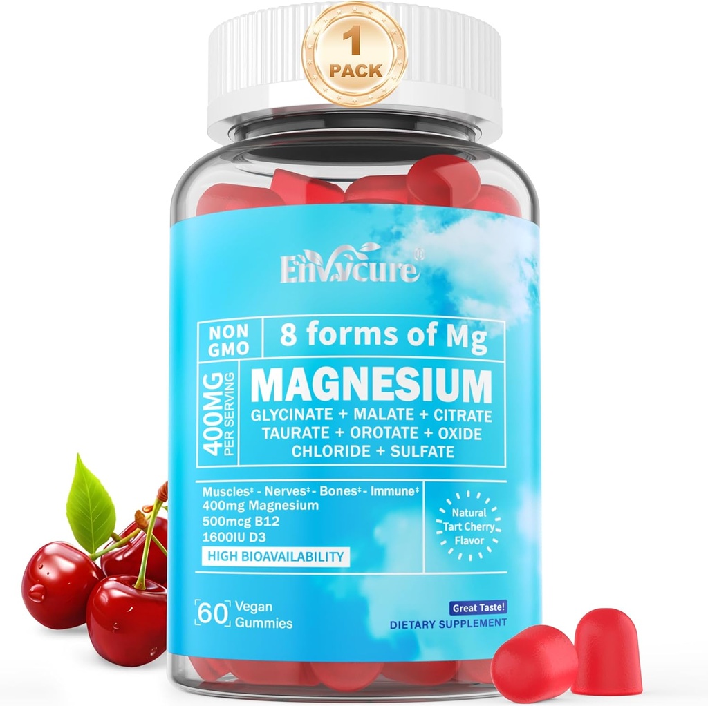 Magnesium Gummies 400mg | as 8 Forms of Magnesium Glycinate, Malate, Citrate, Taurate, Oxide, and More | with Ashwagandha Extract, D3 & B12 Supports for Calm, Zzz, Mood, Muscle Cramp - Vegan 60 Cts