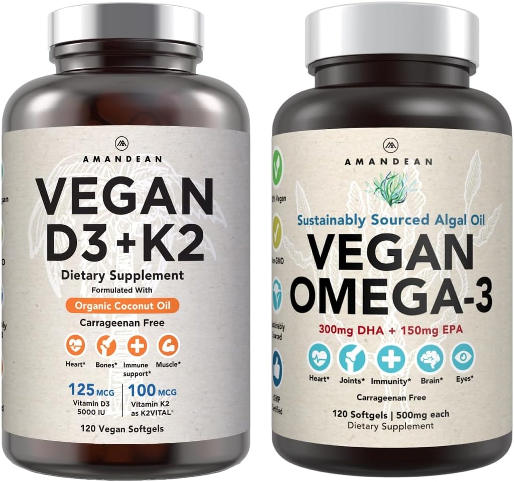 Vegan Powerhouse Combo. Omega-3 de Algal Oil & Vitamin D3 + K2. Planta-Basada 5000 iu VIT D de Algae. 100 mcg All-Trans MK-7 Vita K. Carrageenan Free Veggie Softgels.