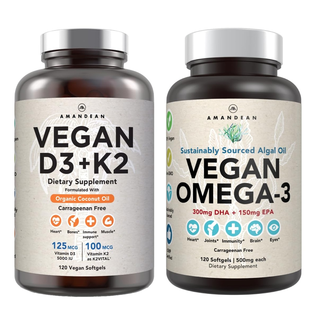 Vegan Powerhouse Combo. Omega-3 de Algal Oil & Vitamin D3 + K2. Planta-Basada 5000 iu VIT D de Algae. 100 mcg All-Trans MK-7 Vita K. Carrageenan Free Veggie Softgels.