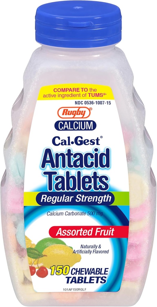 Calcio de caucho Calcio Cal-Gest Tablas de antácidos - Fuerza regular - Carbonato de calcio 500 mg - Sabor de frutas surtido - 150 Cuento de Chewable (1 paquete)