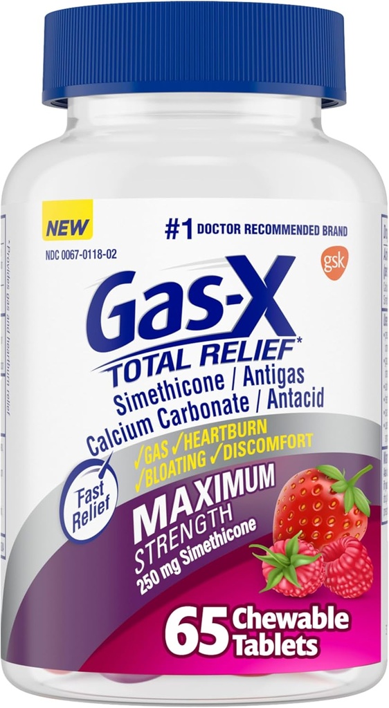 Gas-X Total de Alivio Chewable Tablets con Máxima Fuerza Gas Alivio Simethicone 250 mg y Heartburn Relief Calcium Carbonate 750 mg, Bloating Relief, Mixed Berries - 65 Cuenta