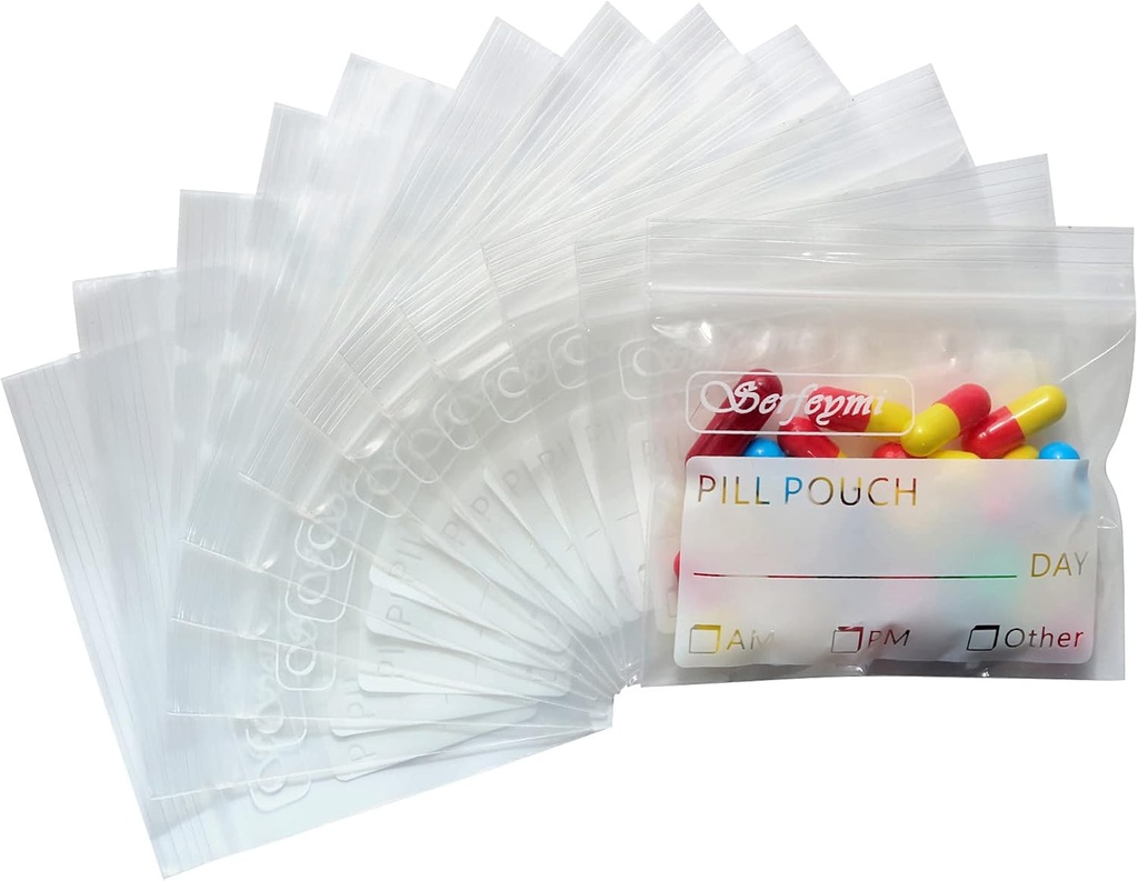Serfeymi Pill Bags for Travel Pill Pouch Organizer Pack of 240 BPA Free 3 x 2.75 inch Reusable Pill Pouches for Medicine with Write on Label & Zipper Seal Waterproof AM PM Pill Baggies for Supplements