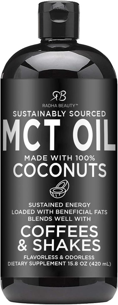 Radha Beauty Premium MCT Oil Made only from Non-GMO Coconuts - 15.8oz. Keto, Paleo, Gluten Free and Vegan Aprobado.