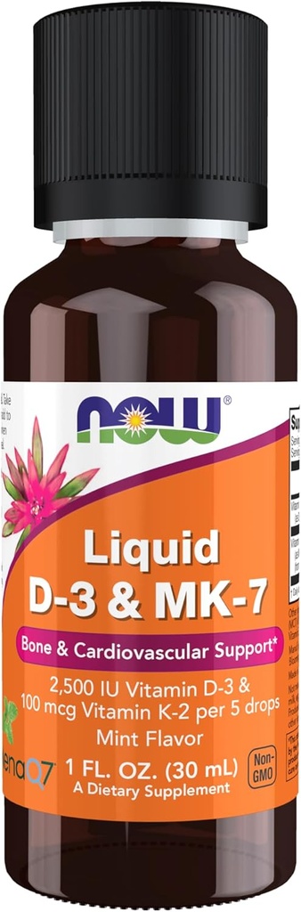 AHORA Suplementos de alimentos, Líquido D-3 &amp; MK-7 con 2.500 UI Vitamina D-3 &amp; 100 mcg Vitamina K-2 por 5 gotas, 1 onza