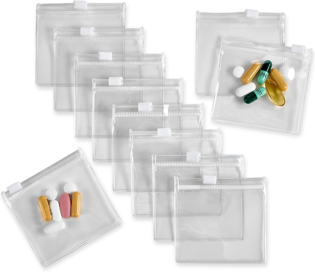 Bolsas de bolsa de píldoras cortadas - 12 piezas, Bloqueo de diapositivas Bolsas de plástico transparentes, libre de BPA para píldoras Vitaminas, Suplementos, Medicamentos, Joyería, Artesanía, objetos pequeños - Self-Sealing, Reusable, Travel-Friendly