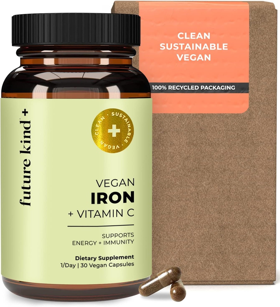 Futuro Kind Vegan Iron Suplemento para Hombres y Mujeres con Vitamina C para Energía, Focus e Inmunity Support - 30-Day Supply, One Capsule a Day (30ct en Glass Bottle)