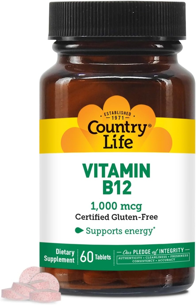 Country Life Vitamin B12 Supplement - Essential for Brain Function, Nerve Health, Red Blood Cells - Ideal para la prevención de la anemia - Vegan Vitamina B, 1000 mcg - Sin gluten, 60 Tablets