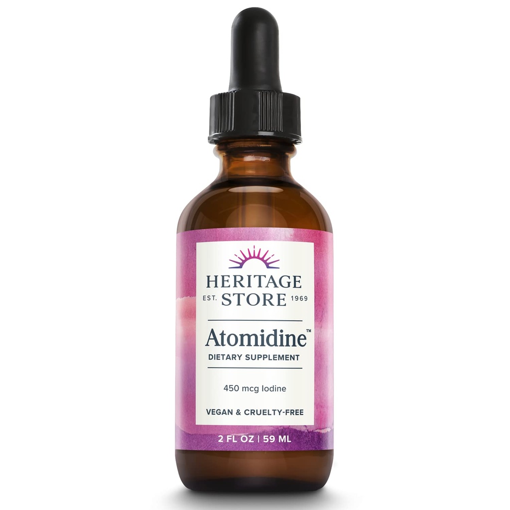 Heritage Store Atomidine 450mcg Liquid Iodine Drops, Electrically Charged Iodine Supplement for Healthy Thyroid Support,* Bioavailable Formula, Vegan &amp; Cruelty Free, Aprox. 960 Servings, 2 fl oz