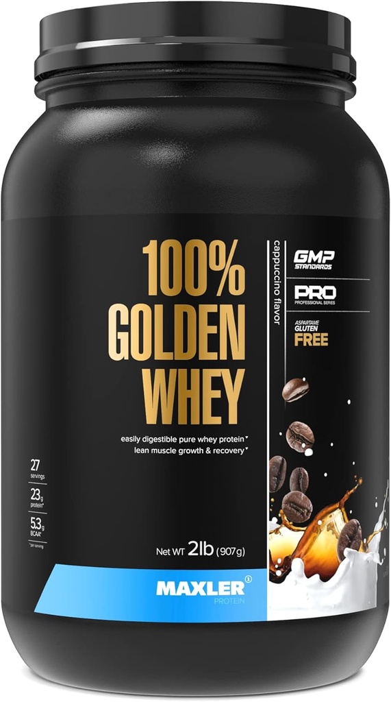 Maxler 100% Golden Whey Protein - 23g de Proteína por Servir - Premium Whey Protein Powder para Pre Post Workout - Fast-Absorbing Whey Concentrate, Isolate & Hydrolysate Blend - Cappuccino 2 lb