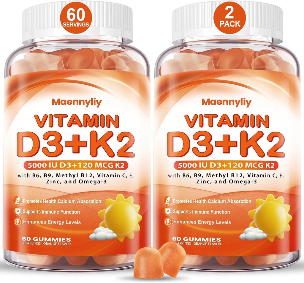 Vitamin D3 K2 Gummies for Adults - Vitamin D3 5000IU + K2 (MK-7) 120mcg - Sugar-Free D3 and K2 Supplements with Omega-3, Methyl B12, B9, B6, Vitamins E & Zinc - for Calcium Absorption & Immune Health