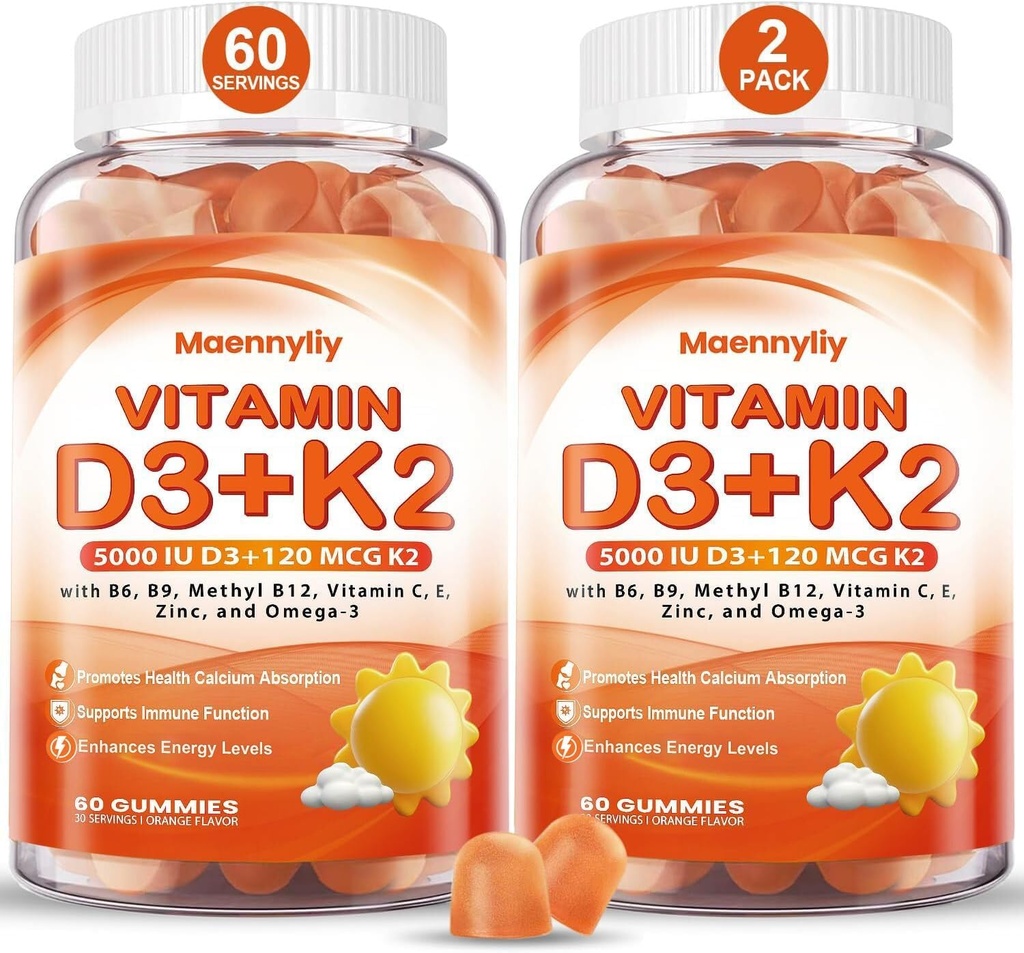 Vitamina D3 K2 Gummies para adultos - Vitamina D3 5000IU + K2 (MK-7) 120mcg - Suplementos D3 y K2 sin azúcar con Omega-3, Metil B12, B9, B6, Vitaminas E &amp; Zinc - para la Absorción de calcio &amp; Salud Inmunitaria