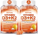 Vitamina D3 K2 Gummies para adultos - Vitamina D3 5000IU + K2 (MK-7) 120mcg - Suplementos D3 y K2 sin azúcar con Omega-3, Metil B12, B9, B6, Vitaminas E &amp; Zinc - para la Absorción de calcio &amp; Salud Inmunitaria