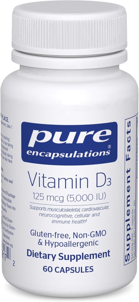 Encapsulaciones puras Vitamina D3 125 mcg (5,000 UI) - Suplemento de Bono de Apoyo, Conjunto, Breast, Corazón, Colon y Salud Inmune* - con Vitamina D - 60 cápsulas